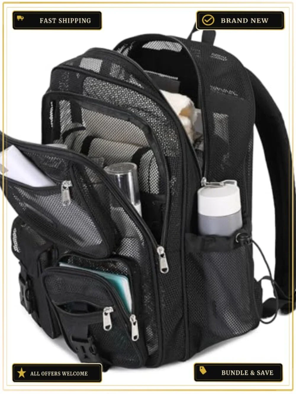 Heavy Duty See Through Mesh Backpack for School, Beach, Sports, Travel